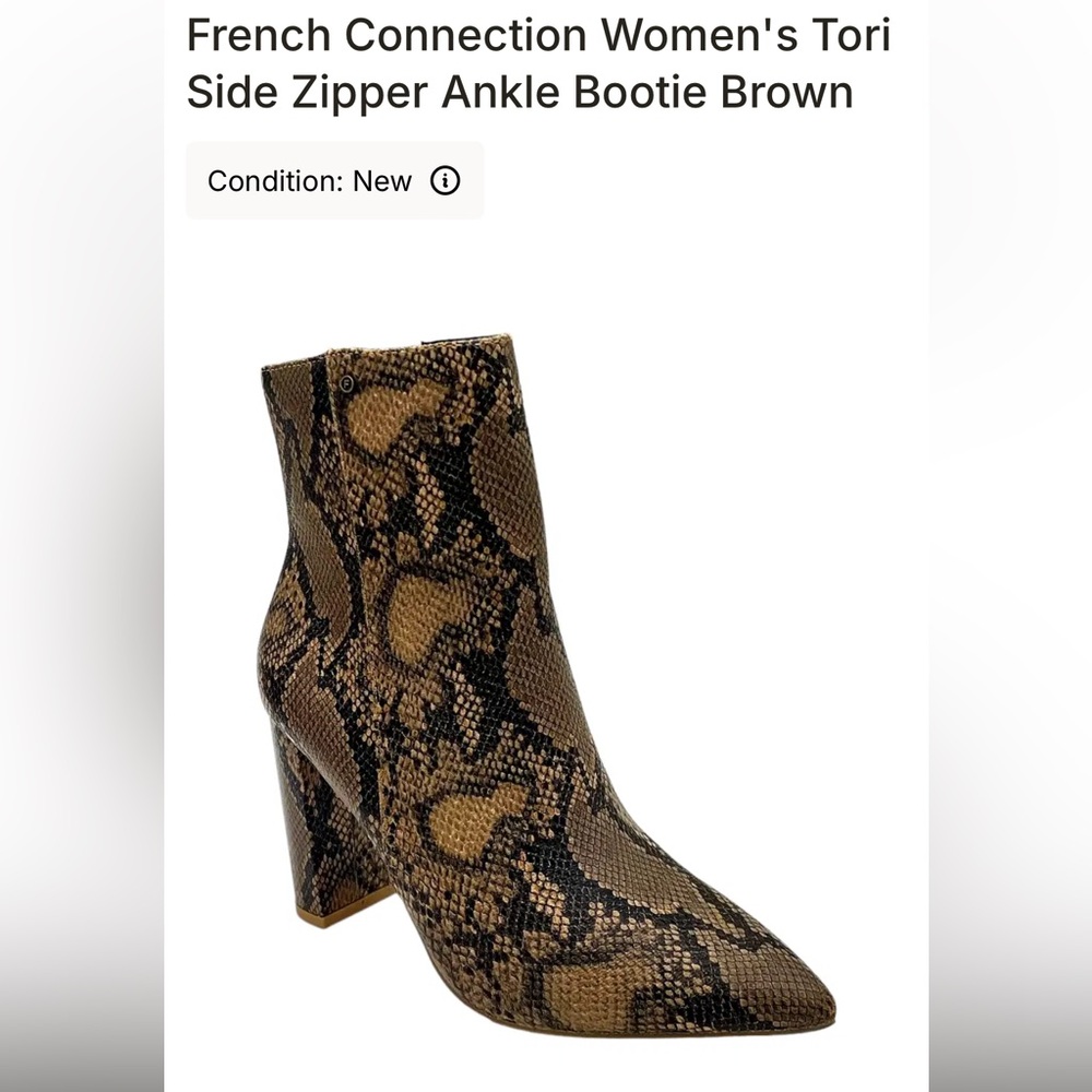 French Connection Women Snake Brown Faux Leather Tori Heel Ankle Bootie 7.5